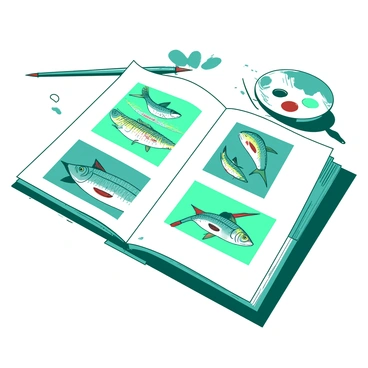 A teal artist's portfolio is open and displayed on a white table. The portfolio contains several pages featuring detailed paintings and illustrations of herring. Each illustration showcases herring in different poses and arrangements, with vibrant colors highlighting their scales and fins. The background is filled with a few paintbrushes and a palette with splashes of color, indicating the artist's creative process. The overall composition presents a structured yet artistic layout of the portfolio, emphasizing the beauty of the herring depicted within.