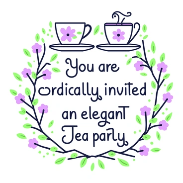 An elegant tea party invitation is displayed prominently. At the top, there are two intricate teacups, one on each side, adorned with floral patterns featuring various blossoms. Surrounding the teacups are delicate vines that weave through the design. The background is filled with soft floral motifs, enhancing the invitation's aesthetics. In the center, the text reads, "You are cordially invited to an elegant tea party," written in an ornate font. The overall composition conveys a sense of charm and sophistication.