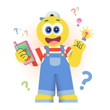 A cheerful cartoon character with bright yellow skin is designed as a mascot for an illustration quiz. The character has large, expressive blue eyes and a wide, friendly smile. It wears a red and white striped shirt and blue overalls, with a small white cap tilted to one side. In one hand, the character holds a colorful quiz book, while the other hand is raised in a friendly wave. Surrounding the character are various colorful question marks and light bulbs, symbolizing creativity and knowledge. The background is a soft gradient that complements the vibrant colors of the mascot, enhancing its cheerful appearance.