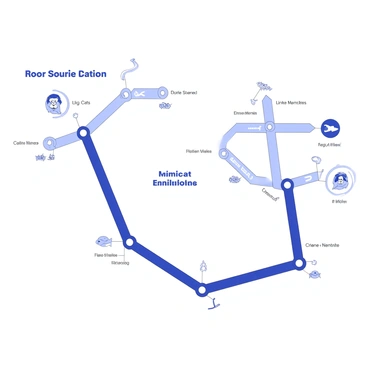 A subway map is displayed, designed specifically for a zoo. The map features various lines, each marked with unique symbols representing different animal exhibits. One line has a lion icon, indicating the "Big Cats" station, while another line features a monkey symbol for the "Primates" station. The "Reptiles" station is marked with a snake icon, and the "Aquatics" station includes a fish symbol. Connections between the lines are clearly shown with intersecting nodes, and there are small illustrations of each animal next to their respective stations. The overall layout is organized, with labels for each exhibit clearly legible.