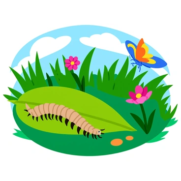 A slender, segmented centipede with numerous legs is crawling on a vibrant green leaf. The centipede has a light brown body with dark stripes running along its length. Nearby, a colorful butterfly with bright blue and orange wings flutters gracefully. The butterfly is perched on a delicate flower, which features petals in shades of pink and yellow. The garden is filled with various plants, including tall grass and blooming flowers in a spectrum of colors, creating a lively and dynamic environment. The sunlight filters through the leaves, casting playful shadows on the ground.