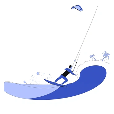A kite surfer is riding a large wave, positioned slightly above the water surface. The kite is soaring high in the sky, pulling the surfer forward with tension in the lines. The surfer is in a dynamic stance, leaning back slightly with one hand gripping the control bar. Drops of water are splashing around the surfer, creating motion around them. The wave is curving dramatically, with white foam forming at the crest. The background features a distant shoreline, where faint silhouettes of palm trees can be seen against the horizon.