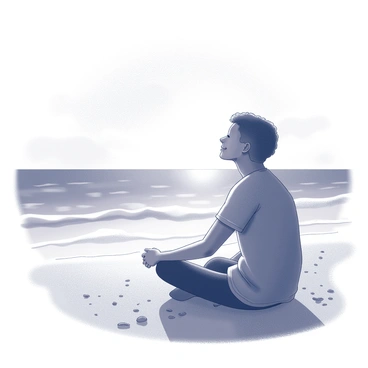 A person sitting on a sandy beach. The individual is facing the horizon where the sun is setting, casting a silhouette against the sky. The expression on the person's face is a gentle smile, reflecting a sense of peace. Surrounding the person are small grains of sand, and the silhouette of gentle waves lapping at the shore can be observed. The sky is filled with soft gradients as the sun descends, creating a tranquil atmosphere.
