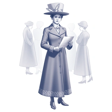 A Victorian theater-goer is standing confidently. They are dressed in an elegant coat that reaches their knees, with intricate patterns lining the cuffs and hem. Their hat is large-brimmed and prominently features decorative moth motifs, which are intricately woven into the fabric. The individual has a refined posture, with one hand resting lightly on the hip while the other holds a small playbill. The background suggests a busy theater environment, with other patrons dressed in period attire, adding to the atmosphere of the event.