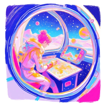 An anime explorer with vibrant hair is inside a futuristic spaceship. The explorer is wearing a sleek, high-tech suit adorned with glowing patterns. Displays of digital star maps fill the walls of the spaceship, showcasing various constellations and planets. The cockpit features an advanced AI interface with holographic controls, and the explorer is intently studying a star map while navigating through a colorful cosmic landscape filled with swirling nebulae and twinkling stars. The view outside the spaceship's window reveals distant galaxies and shimmering celestial bodies.