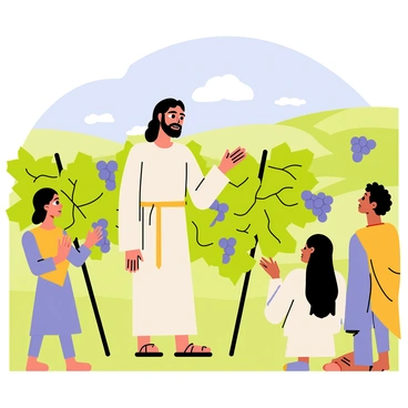 Jesus standing amidst lush green grapevines, wearing a simple robe and sandals, with a gentle expression on his face. He is gesturing towards the vines, illustrating a point to his disciples who are gathered around him, listening attentively. The disciples, dressed in traditional attire, display a mix of curiosity and understanding as they observe the vines laden with ripe grapes. The vineyard is set against a clear blue sky with soft, fluffy clouds, and there are rolling hills in the background, adding a sense of tranquility to the scene.
