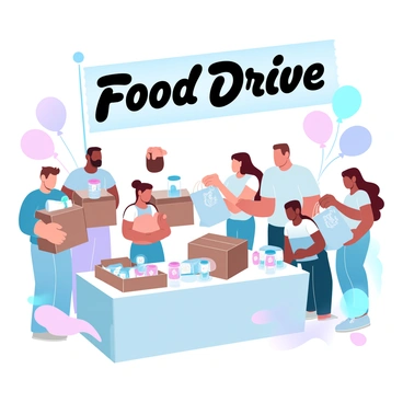 A vibrant community event is taking place in an outdoor area. A large banner that reads "Food Drive" is displayed prominently above the gathering. People of diverse backgrounds are actively participating, holding boxes and bags filled with non-perishable food items. Some individuals are smiling as they hand over their donations to volunteers who are organizing the collected items at tables. Colorful balloons are tied to the tables, adding a festive touch to the scene. Sunlight is casting a warm glow over the entire event, enhancing the sense of community and generosity.