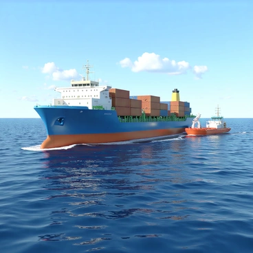 A large cargo ship with a blue hull and multiple cargo containers stacked on its deck is being refueled by a smaller fuel barge. The fuel barge has a white and red color scheme, with hoses connecting it to the cargo ship. The ocean surrounds them, with gentle waves creating ripples on the water's surface. A clear blue sky is above, and a few fluffy white clouds can be seen in the distance. The scene captures the moment of refueling, showcasing the scale and operation of the ships amidst the vastness of the ocean.