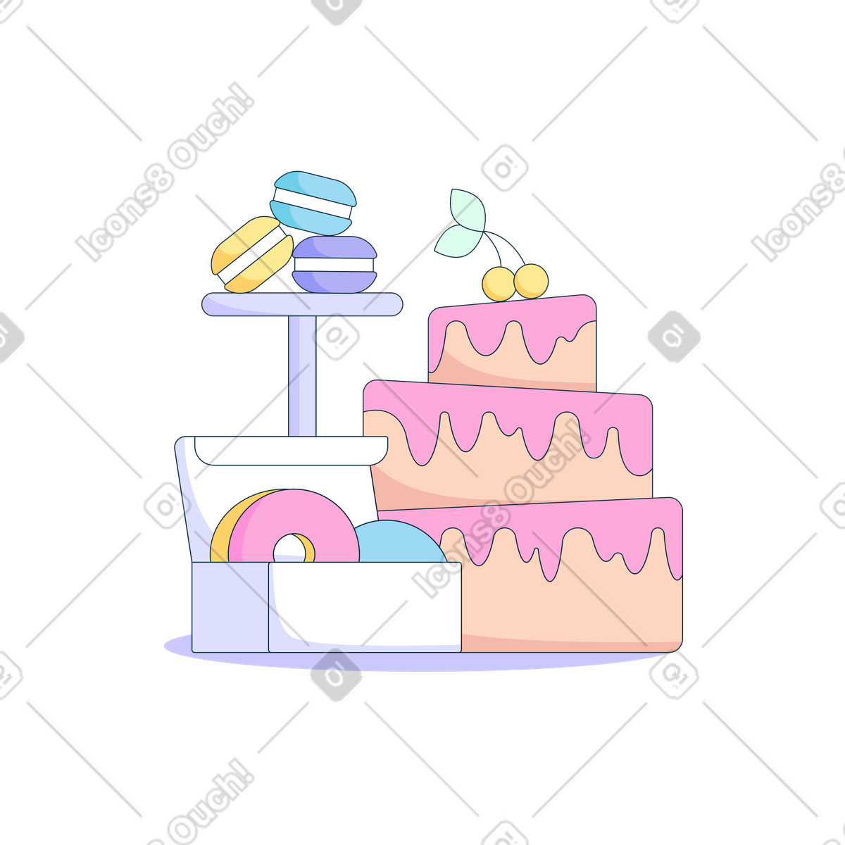 Ilustración Variedad de postres con donuts, macarons y tarta. en estilo Bubble gum a descargar en PNG SVG