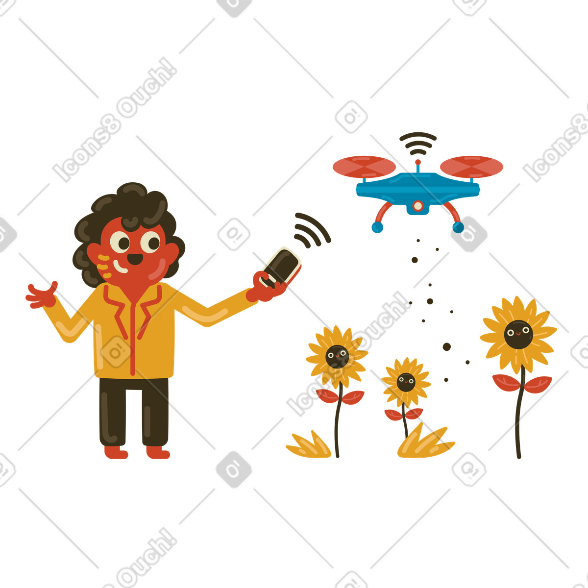 Ilustración Persona que utiliza un dron para fertilizar cultivos en estilo Arabica a descargar en PNG y SVG