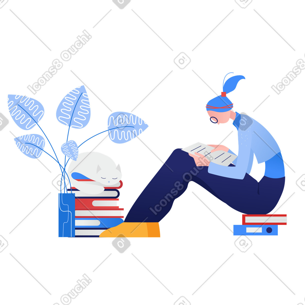 Illustration Femme assise et lisant à la maison dans le style Clip télécharger aux formats PNG, SVG