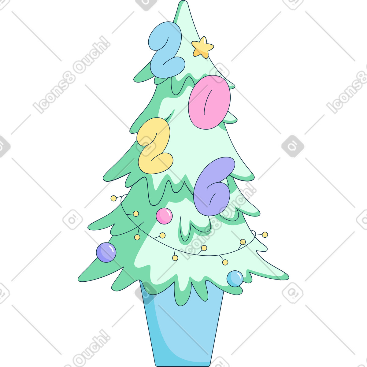 Text twenty five lettering on a christmas tree illustration in Bubble gum style download in PNG, SVG