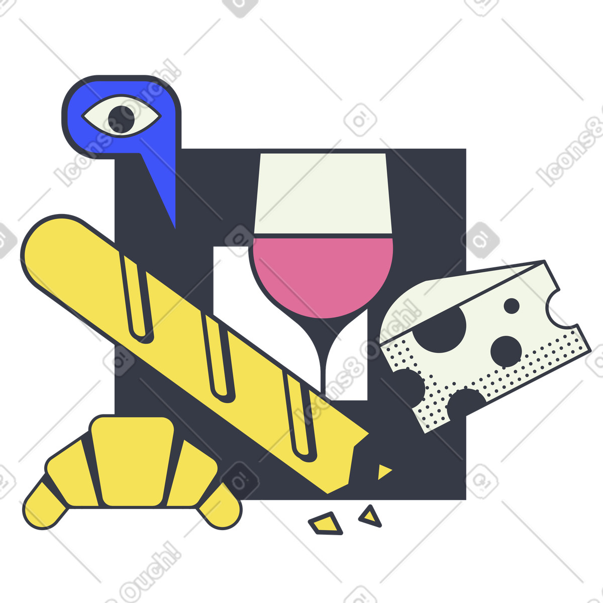 Französische küche. ein glas wein, baguette, croissant und käse-Illustration im Abstract-Stil als Download in PNG, SVG