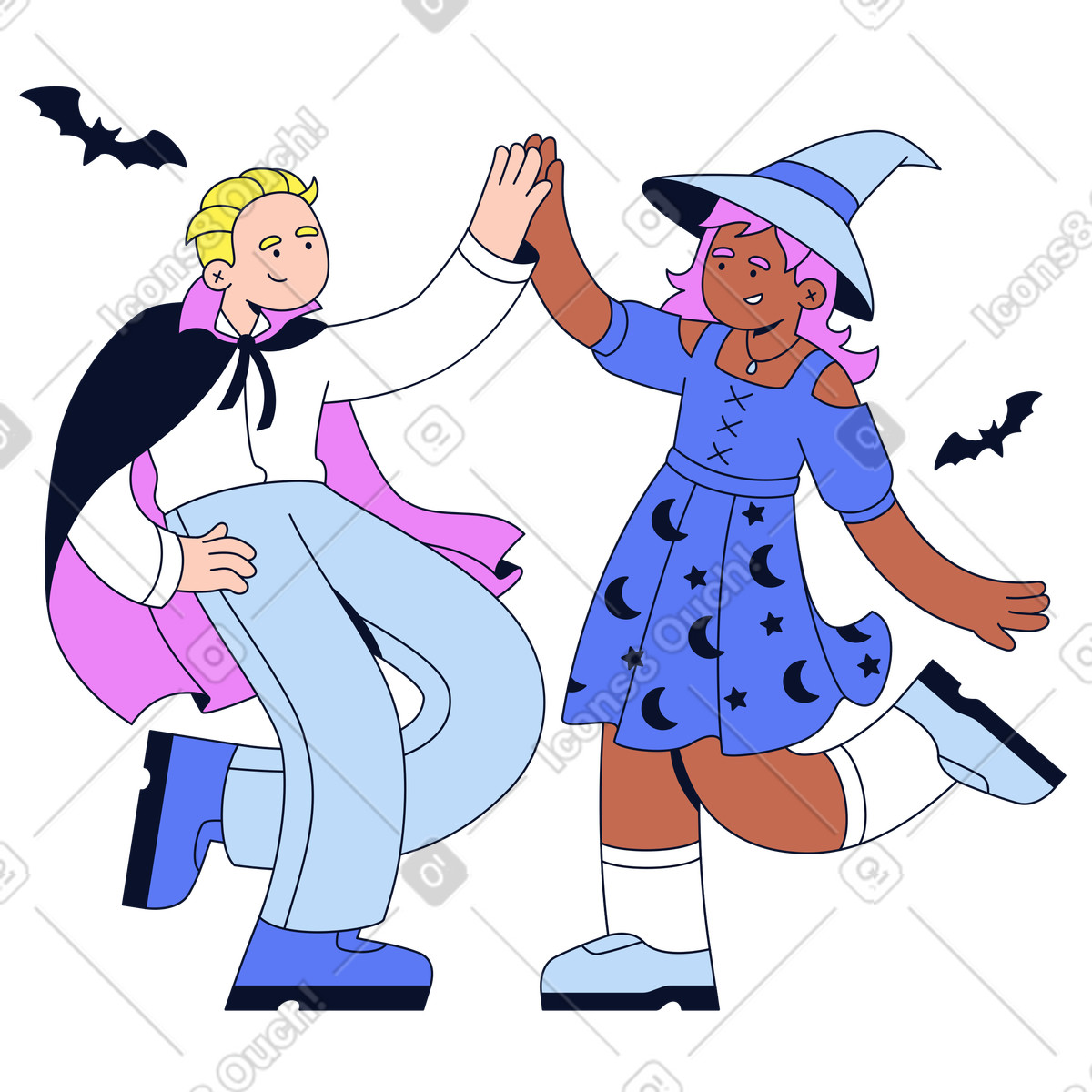 Ilustración Couple dancing in witch and vampire costumes, Halloween party celebration en estilo Flexy a descargar en PNG y SVG
