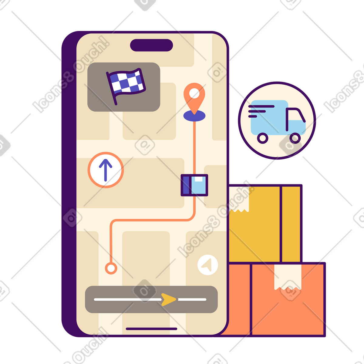 Parcel boxes and GPS navigation on phone screen, Real-time delivery tracking concept-Illustration im Simplistic-Stil als Download in PNG, SVG