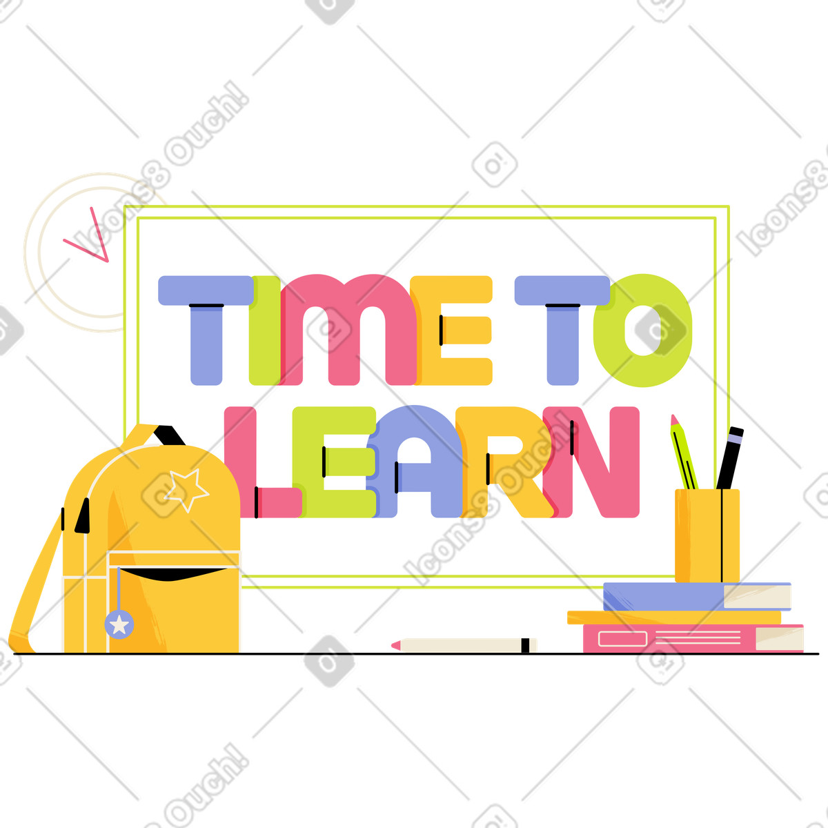 Time to learn chalkboard illustration featuring school supplies clipart for education graphics