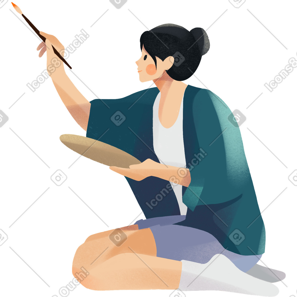 Young woman sitting on her knees and painting-Illustration im Shine-Stil als Download in PNG, SVG