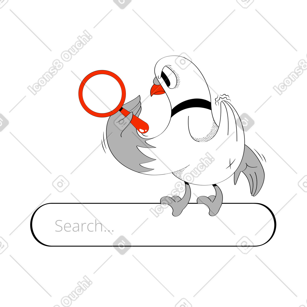 Ilustração de Pombo com lupa na barra pesquisa em no estilo Looney para baixar em PNG, SVG