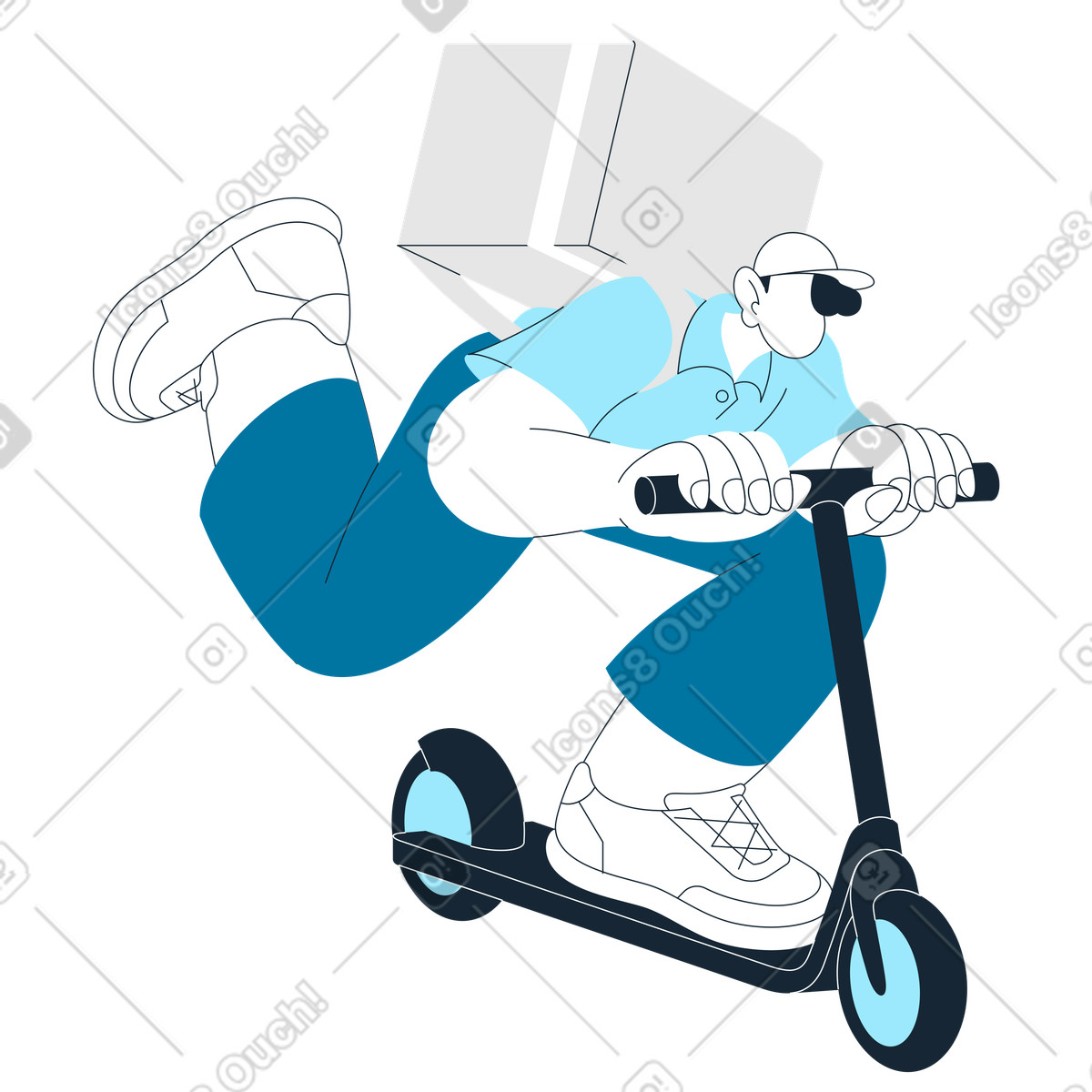 Indigo 스타일의 Courier on kick scooter with parcel, Modern express shipping 일러스트레이션 PNG, SVG 다운로드