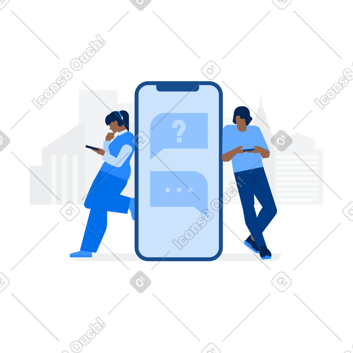 Ilustración Hombre y mujer en el chat línea fondo de la ciudad estilo Urban a descargar PNG SVG