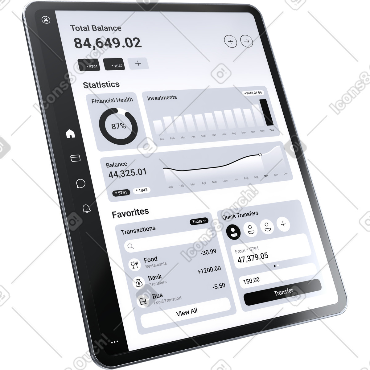 Ilustración Panel de banca digital, aplicación gestión dinero, estadísticas financieras en estilo 3D Pro a descargar en PNG y SVG
