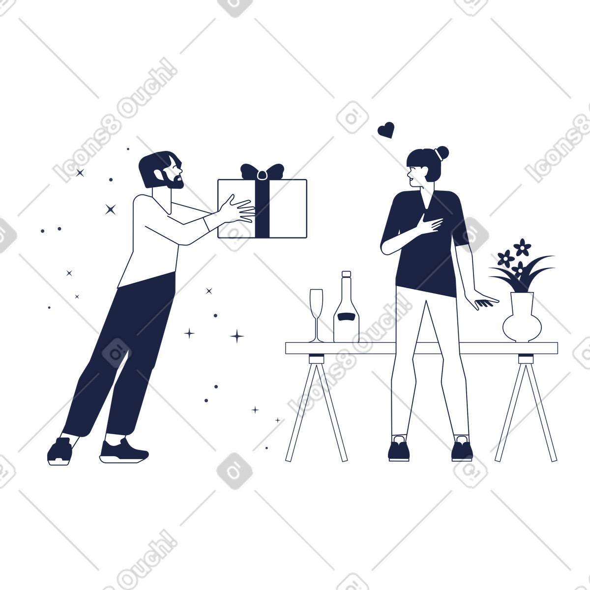Urban Line スタイルの Handing gift at celebration table, Birthday surprise or special occasion のイラストをPNG、SVG形式でダウンロード