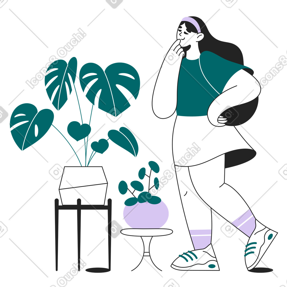 Admiring the home garden, Botanical hobby and plant lover-Illustration im Sammy Line-Stil als Download in PNG, SVG