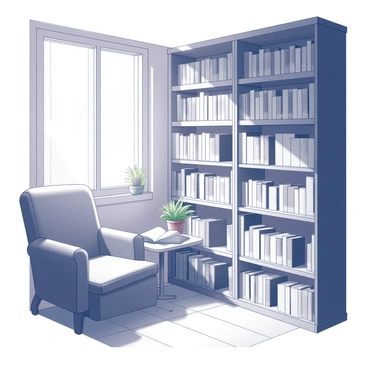A library corner with high wooden shelves filled with numerous stacks of books. Sunlight streams through a large window, casting soft shadows across the polished wooden floor. An inviting armchair is placed next to a small wooden table with an open book resting on it. A potted plant sits on the windowsill, thriving in the warm light. The atmosphere is calm and tranquil, inviting quiet reading and reflection.