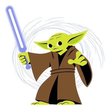 A small, green alien character with large ears, resembling Yoda, is skillfully wielding a glowing, blue lightsaber. He is positioned in a dynamic, dramatic pose, with his right arm extended forward, and the lightsaber raised high, illuminating his determined expression. The background features swirling patterns of light and dark, enhancing the intensity of the scene. Yoda's robe is a deep brown, flowing around him as he maintains his stance, giving a sense of movement and energy.