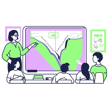 A classroom setting features a teacher standing at the front next to a large 3D model of reverse faults. The teacher is a middle-aged woman with glasses, wearing a green blouse and black pants. She is pointing to the model with her right hand while holding a pointer stick in her left hand. Students are seated at their desks, attentively looking towards the model. Some students have notebooks open, taking notes. The classroom walls are adorned with educational posters about geology and earth science. A chalkboard is visible in the background, displaying diagrams related to reverse faults.
