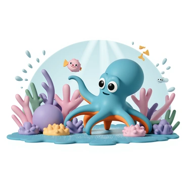 A curious octopus mascot, with bright blue and orange skin, is actively exploring a vibrant coral reef filled with various shades of pink, purple, and green corals. The octopus has large, expressive eyes and playful tentacles that are gently touching the corals. Small tropical fish in a variety of colors swim around the octopus, adding movement and liveliness to the scene. Sunlight filters down through the water, illuminating the coral and creating a sparkling effect on the ocean floor.