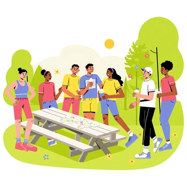 A diverse group of runners gathered in a local park, featuring individuals of various ages and ethnic backgrounds. Some runners are standing in a circle, animatedly sharing stories, with smiles on their faces. Others are holding water bottles and looking at a map spread out on a picnic table. The park is adorned with lush green trees and colorful flowers in the background. A few runners wear bright athletic gear, while others sport casual clothing. The sun is shining brightly, casting cheerful shadows on the grass.