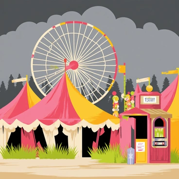 An abandoned circus with tattered tents in various shades of faded red and yellow, some standing at odd angles. Rusting rides, including a Ferris wheel and carousel, are scattered throughout the area. The Ferris wheel looms large, with peeling paint and overgrown weeds at its base. A dark sky filled with heavy gray clouds looms overhead, adding to the eerie atmosphere. A broken ticket booth sits off to the side, with faded signs and debris surrounding it.