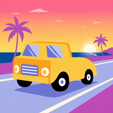 A yellow truck is driving along a coastal highway. The truck is positioned in the foreground, with its headlights on, casting a warm glow. In the background, a vibrant sunset paints the sky in shades of orange, pink, and purple. Silhouettes of palm trees line the sides of the highway, and the ocean sparkles under the fading sunlight. The scene captures the motion of the truck against the beautiful backdrop of the setting sun.