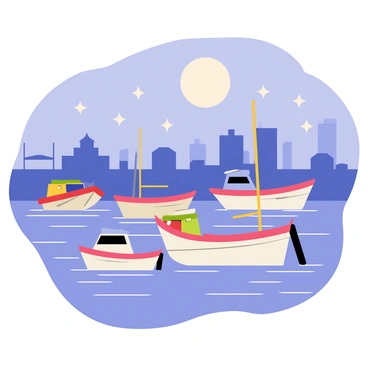 A harbor scene with several boats gently rocking on calm waters. The water is illuminated by moonlight, creating a shimmering effect. The boats are painted in various colors, with some having red and blue stripes. The background features softly silhouetted buildings along the shore, and a large full moon hangs in the night sky, surrounded by a few scattered stars. Some gentle waves create ripples in the water, enhancing the tranquil atmosphere.
