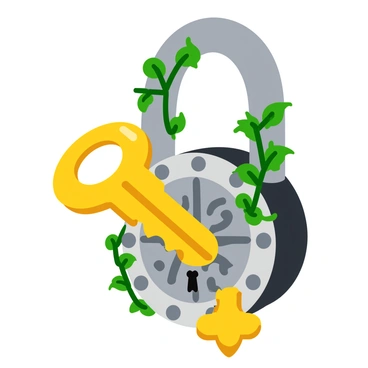 A large, ornate key labeled "Freedom" rests against a massive, intricately designed lock. The key is golden with detailed engravings, reflecting light from various angles. The lock is made of a shiny metal, featuring a complex pattern of gears and bolts. The scene captures the moment the key is about to be inserted into the lock, with both elements prominently displayed in the foreground. Green vines wrap around the lock, adding a touch of nature to the metallic surfaces. Bright rays of light illuminate the key and lock, creating a focal point that draws the eye.