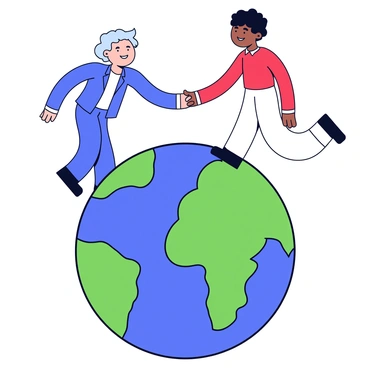 Two stylized cartoon figures representing countries are shaking hands above a globe. One figure is colored in shades of blue and white, symbolizing one country, while the other figure is in shades of red and white, representing the second country. The globe is depicted in green and blue, indicating land and oceans. The handshake is the focal point, symbolizing cooperation and partnership. The figures are simplistic with friendly expressions, encapsulating the essence of unity and agreement.