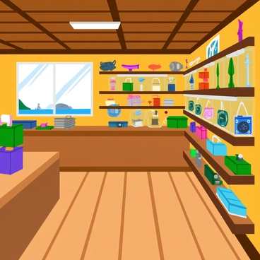 The interior of a rustic fishing tackle shop with wooden walls and shelves filled with fishing rods of various lengths and styles. There are multiple reels displayed alongside the rods, glinting in the warm light. Colorful lures, in bright hues of red, blue, and green, are arranged neatly in glass cases and on hanging displays. A wooden counter sits at the front, cluttered with tackle boxes and fishing accessories. The floor is made of worn wooden planks, adding to the shop's charm. A large window lets in natural light, illuminating the cozy, inviting atmosphere of the shop.