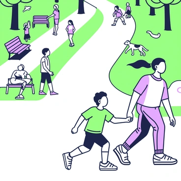 A bird's-eye view of a public space where a parent is closely following behind their child. The child is wearing a bright-colored shirt and is running ahead, their hair streaming behind them. The parent, dressed in casual clothing, is walking briskly, maintaining a watchful eye on the child. Surrounding them are various elements including park benches and a walking path lined with trees. In the background, other people can be seen enjoying the space, some sitting on benches and others walking dogs. The sunlight casts shadows on the ground, enhancing the scene's depth.
