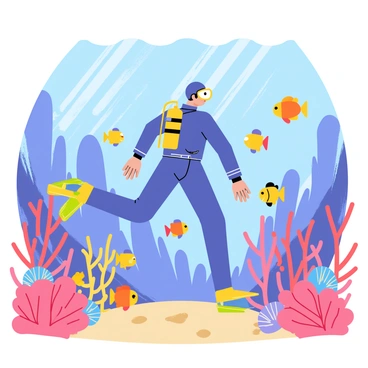 A diver in a blue wetsuit is swimming underwater, surrounded by a vibrant array of tropical fish. The scene features fish in various colors, including yellow, orange, and blue, darting around coral formations. Bright corals in shades of pink and purple create an intricate background. Sunlight filters through the water, creating shimmering patterns on the sandy ocean floor. The diver is equipped with an oxygen tank and is marveling at the beauty of the underwater ecosystem.
