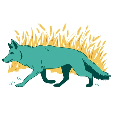 A teal coyote is stealthily moving through tall, golden grasses. The coyote's body is low to the ground, blending into the environment as it navigates the swaying blades of grass. The sun casts shadows that accentuate the texture of the fur along the coyote's back, while its ears are perked up, alert to any sounds around it. In the background, the golden grasses create a flowing sea, giving a sense of both movement and tranquility in the wild.