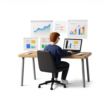 A character with short brown hair, wearing glasses and a navy blue sweater, sits at a modern desk with a laptop open in front of them. They are focused on the screen, which displays colorful graphs and charts from Google Analytics. Beside the character, there are multiple engaging graphs with varying colors that highlight data trends and user engagement. The workspace is neatly organized, with a notepad and a pen placed next to the laptop, indicating a productive environment. Light from a nearby window casts soft shadows across the desk.