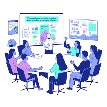 A group of diverse individuals is seated around a large circular table in a bright room. Each person is engaged in discussion, with some raising their hands to share ideas. In front of them, a large presentation screen displays colorful charts and graphs illustrating local efforts to reduce plastic waste. Various visual aids, such as infographics and posters, are placed around the room, highlighting statistics and strategies. A presenter stands at the front, pointing towards the screen while holding a remote clicker. The atmosphere is filled with a sense of collaboration and determination.