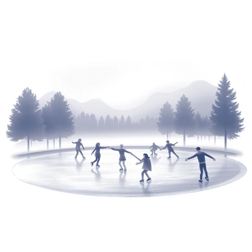 A frozen pond covered with a smooth layer of ice. Several skaters glide gracefully across the surface, some holding hands while others showcase their skills with spins and jumps. In the background, the trees surrounding the pond are partially obscured by a dense mist. The fog hangs low, creating an ethereal atmosphere around the scene, softening the outlines of the skaters and the surrounding landscape. The overall setting evokes a calm, wintry day.