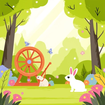 A magical forest glade filled with vibrant green trees and colorful flowers. In the center of the glade, there is a wooden spinning wheel with intricate carvings. Sunlight streams through the leaves, casting dappled light on the ground. Small, sparkling fairies flutter around the spinning wheel, their delicate wings shimmering in various shades of blue and pink. Nearby, a friendly rabbit watches curiously, its ears perked up. A gentle breeze rustles the leaves, adding a sense of movement to the enchanting scene.