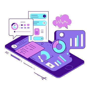 A futuristic digital interface with icons and graphs demonstrating app functions