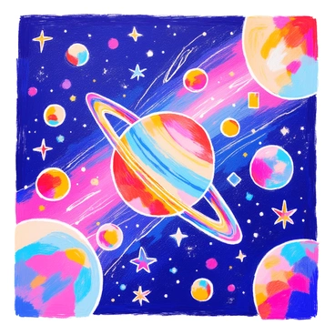 A vast universe is depicted, filled with various planets and stars. Each planet is represented by distinct geometric shapes, such as circles, triangles, and squares, each showcasing vibrant colors like blues, reds, and yellows. The stars are illustrated as shining icons, resembling perfect polygons scattered throughout the scene. The background is a deep navy, contrasting the bright hues of the celestial bodies. Lines and curves connect some of the geometric planets, suggesting orbits and paths through the universe.
