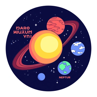 A vivid illustration of the solar system featuring each planet in distinct detail. The central sun is depicted in a radiant yellow hue, casting light on the surrounding planets. Each planet is shown in its true form, with vibrant colors: a red Mars, a blue Earth with swirling white clouds, a teal Neptune, and an orange Jupiter with its prominent storms. The planets are arranged in their orbits around the sun, and each is labeled with its name in bold lettering. Additionally, there are small stars scattered throughout the dark background to create depth and context.