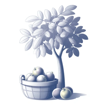 A basket filled with ripe, plump figs is positioned at the base of a fig tree. The basket is woven, featuring a natural texture, and the figs have a distinct shape and size, showcasing their smooth skin. The fig tree stands tall nearby, with its broad, lobed leaves and rough bark visible. Sunlight filters through the branches, casting shadows on the ground around the basket. The scene captures the lush greenery of the tree, emphasizing the abundance of fresh fruit beneath it.