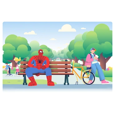 Spider-Man is sitting on a wooden park bench, his red and blue suit vividly detailed with web patterns. He has his mask on, but the eyes of the mask are expressive. In the background, there are lush green trees and colorful flowers blooming along the pathway. A clear blue sky stretches overhead, dotted with fluffy white clouds. People are strolling by, some with dogs, and a child is flying a kite nearby. A yellow bicycle leans against the bench, adding to the relaxed atmosphere of the park.